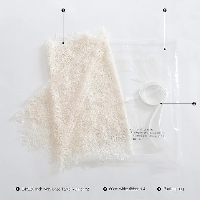 2 Pack Ivory Lace Table Runners 14x120 inch Rectangular Wedding Table Runner Chic Embroidered Chic Table Cloths for Wedding Party Romantic Decorations