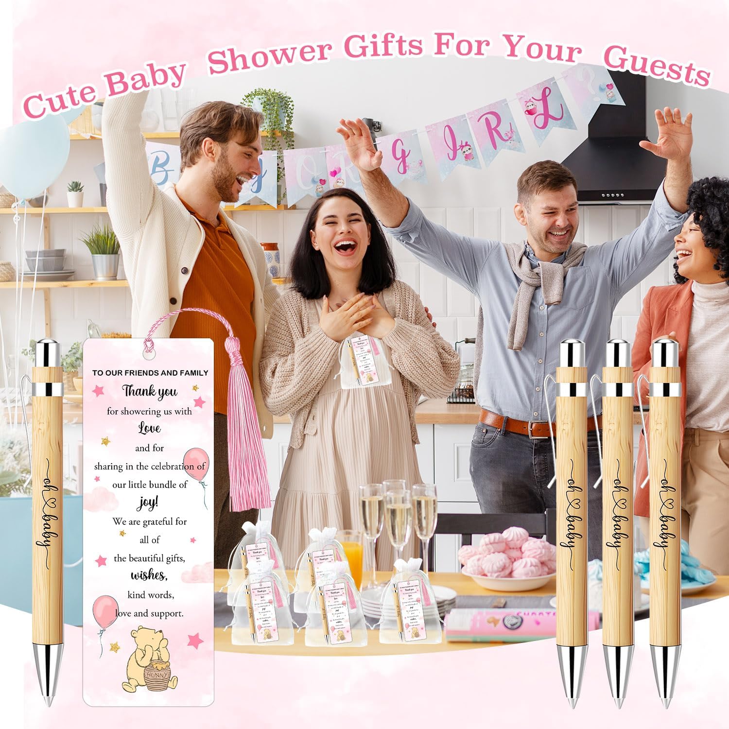 30 Sets Winnie Baby Shower Favors, The Pooh Babies Shower Gift for Guests, Includes 30 Babies Ballpoint Pens 30 Winnie Thank You Bookmarks 30 Organza Bags for Winnie Gender Reveal Gifts Guest Prizes