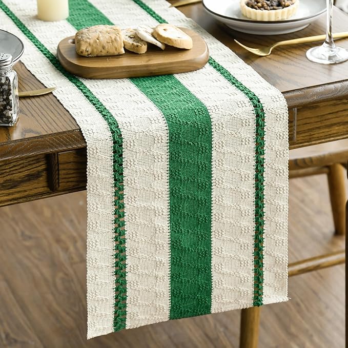 Artoid Mode Dark Green Farmhouse Woven Rustic Table Runner, Seasonal Holiday Hollow Kitchen Dining Table Decoration for Home Party Decor 12x36 Inch