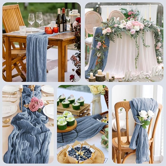 Asee'm 4pcs Cheesecloth Table Runner 120 Inches Long Dusty Blue Boho Gauze Cheese Cloth Runner 10FT Rustic Sheer Table Runners for Christmas Wedding Party Baby Shower Spring Easter Decoration