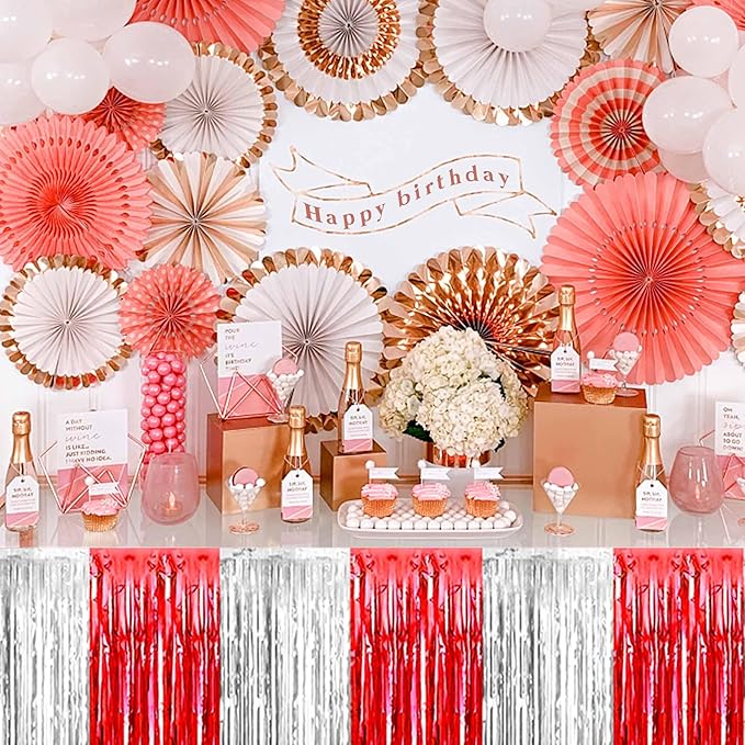 3 Pack 29 x108 Inch Red and Silver Foil Fringe Table Skirts Metallic Banner for Tinsel Streamer Garland Backdrop for Parade Floats Mother's Day, Graduate, Birthday, Wedding Party Decoration