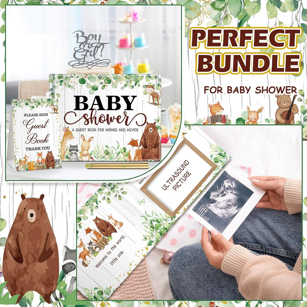 Fuyoooo 27 Pcs Woodland Animal Baby Shower Guest Book Set Baby Shower Sign in Guest Floral Book Place Table Cards with Gold Pen Adhesive Photo Corner for Birthday Party