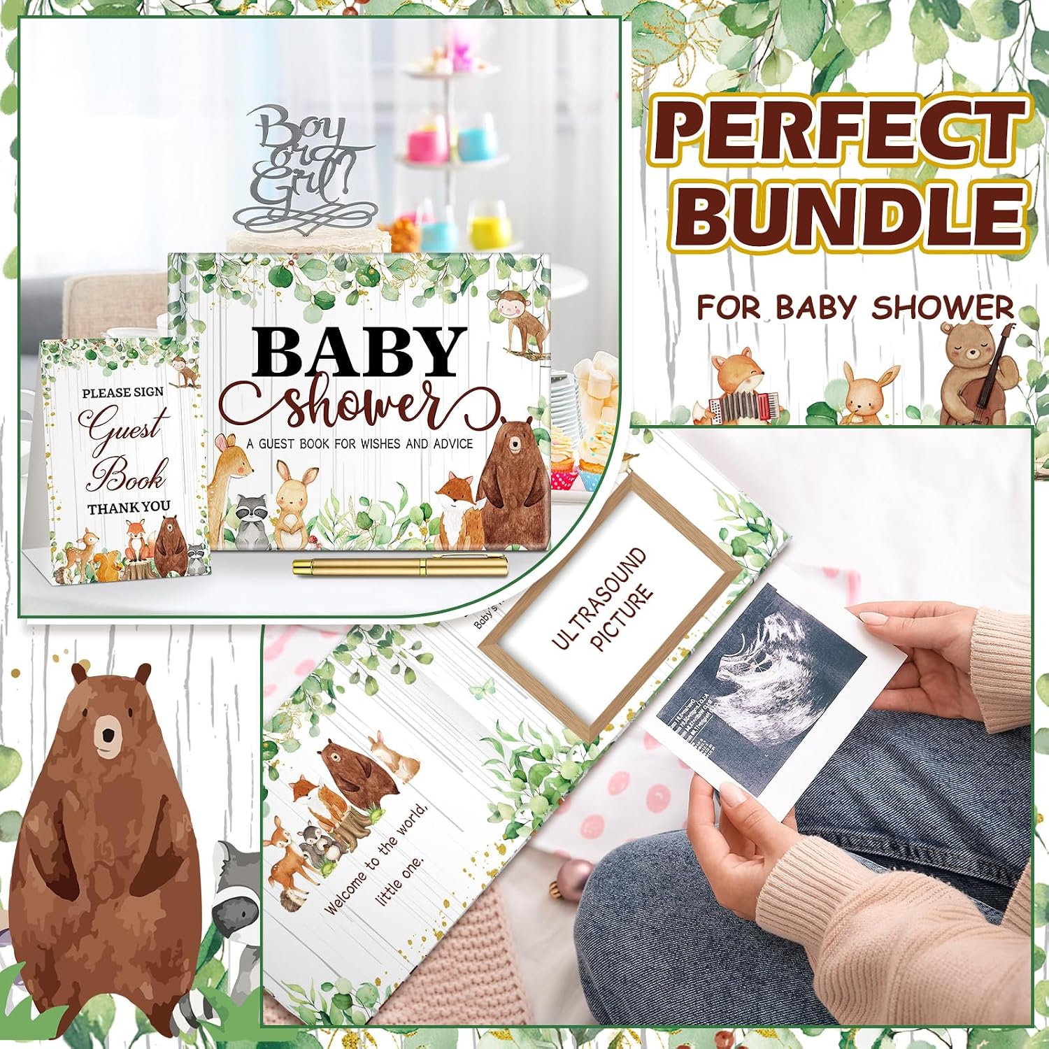Fuyoooo 27 Pcs Woodland Animal Baby Shower Guest Book Set Baby Shower Sign in Guest Floral Book Place Table Cards with Gold Pen Adhesive Photo Corner for Birthday Party