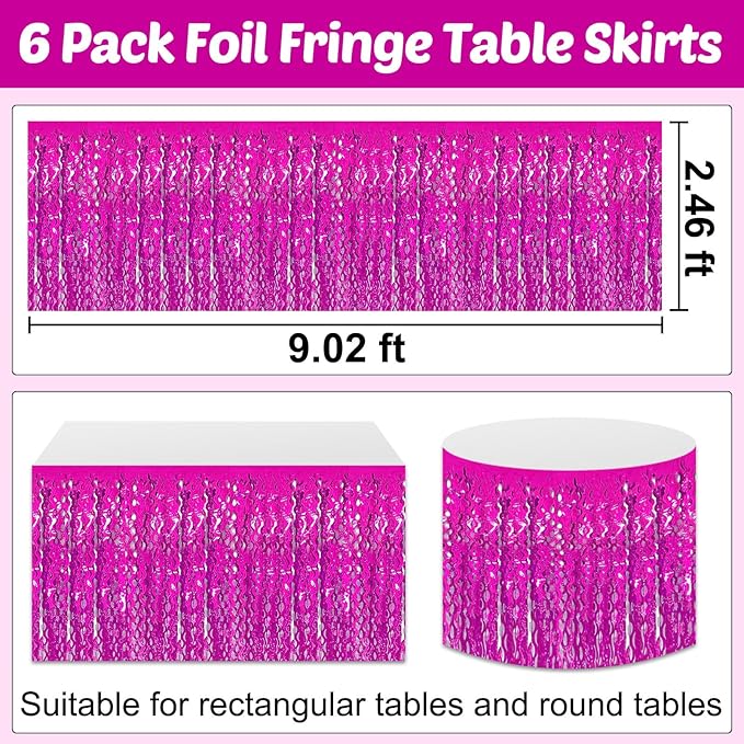 6 Pack 29x108 Inch Rose Red Wave Foil Fringe Table Skirts Metallic Banner for Tinsel Streamer Garland Backdrop for Parade Floats Mother's, Graduate, Mardi Gras, Birthday, Wedding Party Decorations