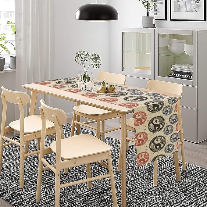Yin Yang Table Runner, Vintage Mid Century Traditional Oriental Koi Fish Mystical Celestial Moon Stars Print Table Runner for Kitchen Dining Table Party Decor, 13x36inch