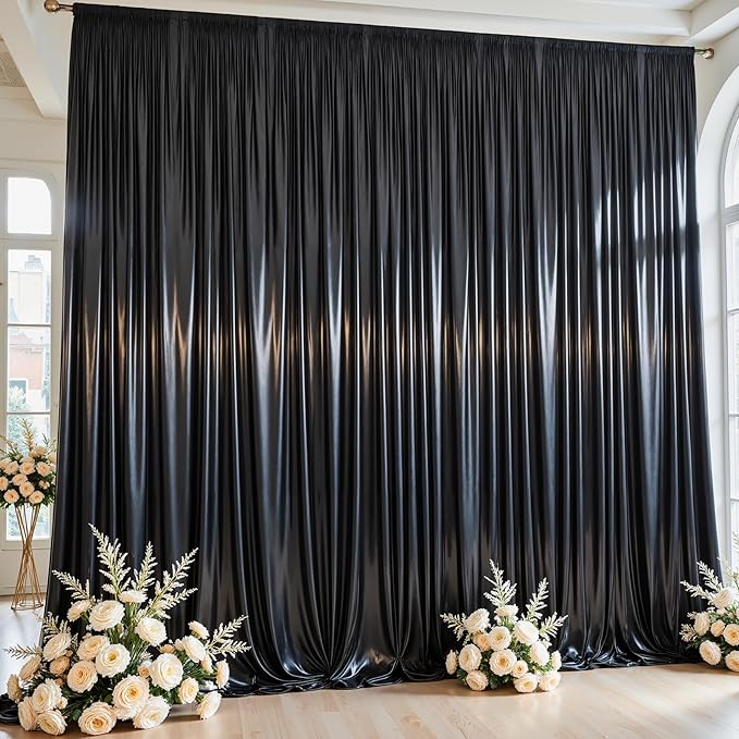 10x10 ft Black Glitter Backdrop Curtain for Parties, Wrinkle Free Satin Photo Backdrop Drapes 2 Panels 5x10FT Shimmer Back Drop Cloth for Wedding Birthday Halloween Photography Background Decor