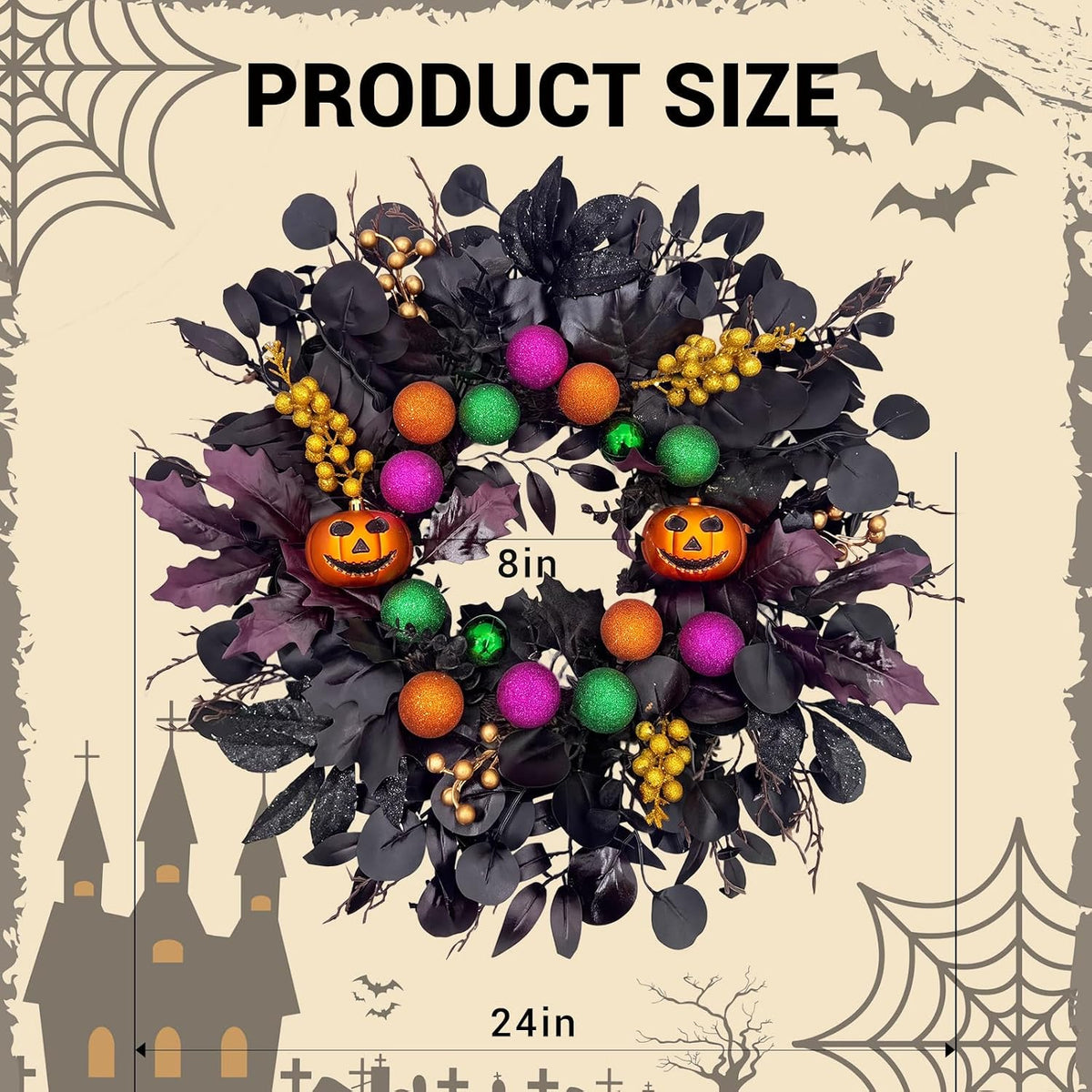 24Inch Halloween Wreath for Front Door,Pumpkins Wreath Halloween Decorations ...