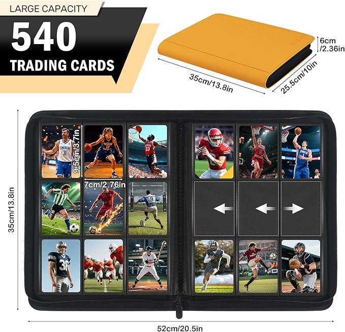 9 Pocket Card Binder, 540 Premium Zip Trading Card Binder, Double-sided Side Loading Card Collection Binder Album, Durable Leather Cover, Ringless Card Folder for Gifts, MTG, TCG, Sport Cards, Yellow
