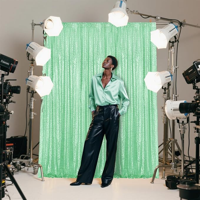 Mint Green Sequin Backdrop Curtain 2 Pieces 2FTx8FT Glitter Photography Backdrop for Party Wedding Birthday Christmas Decorations