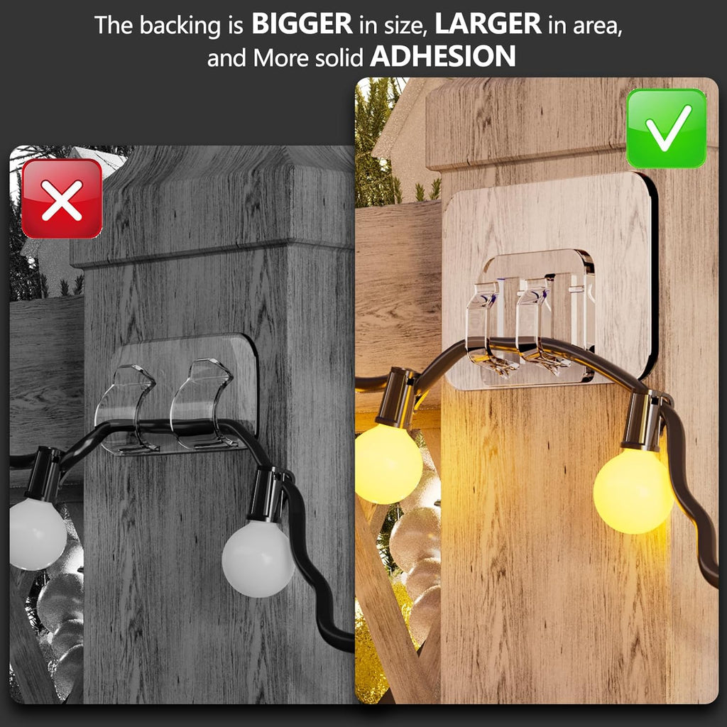 Hooks for Outdoor String Lights - 100 Pack with Adhesive Strips - No Damage, No Tools, No Holes, Waterproof and UV-Resistant, Perfect for Christmas and Patio Decor
