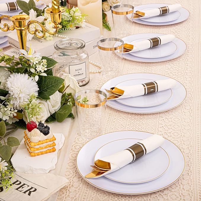 KIRE 350 PCS White and Gold Plates Disposable - Elegant Dinnerware Set of 50 Guest, White Plastic Plates With Gold Rim, Pre Rolled Napkins with Silverware & Cups for Thanksgiving Party/Wedding