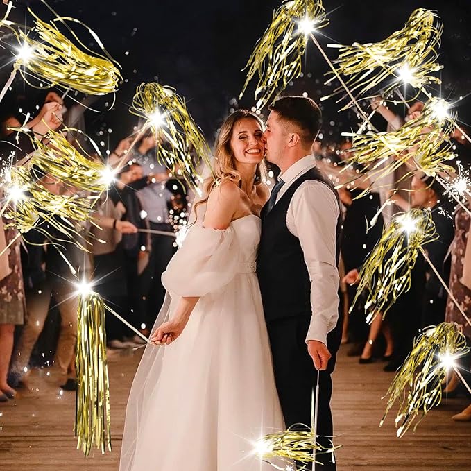 100 pcs Wedding Wands Light up with LED Tinsel Wedding Streamers for Wedding Send off and Greeting Ideal Props for Weddings, Birthday Parties, Christmas Cheerleading Games (Gold)