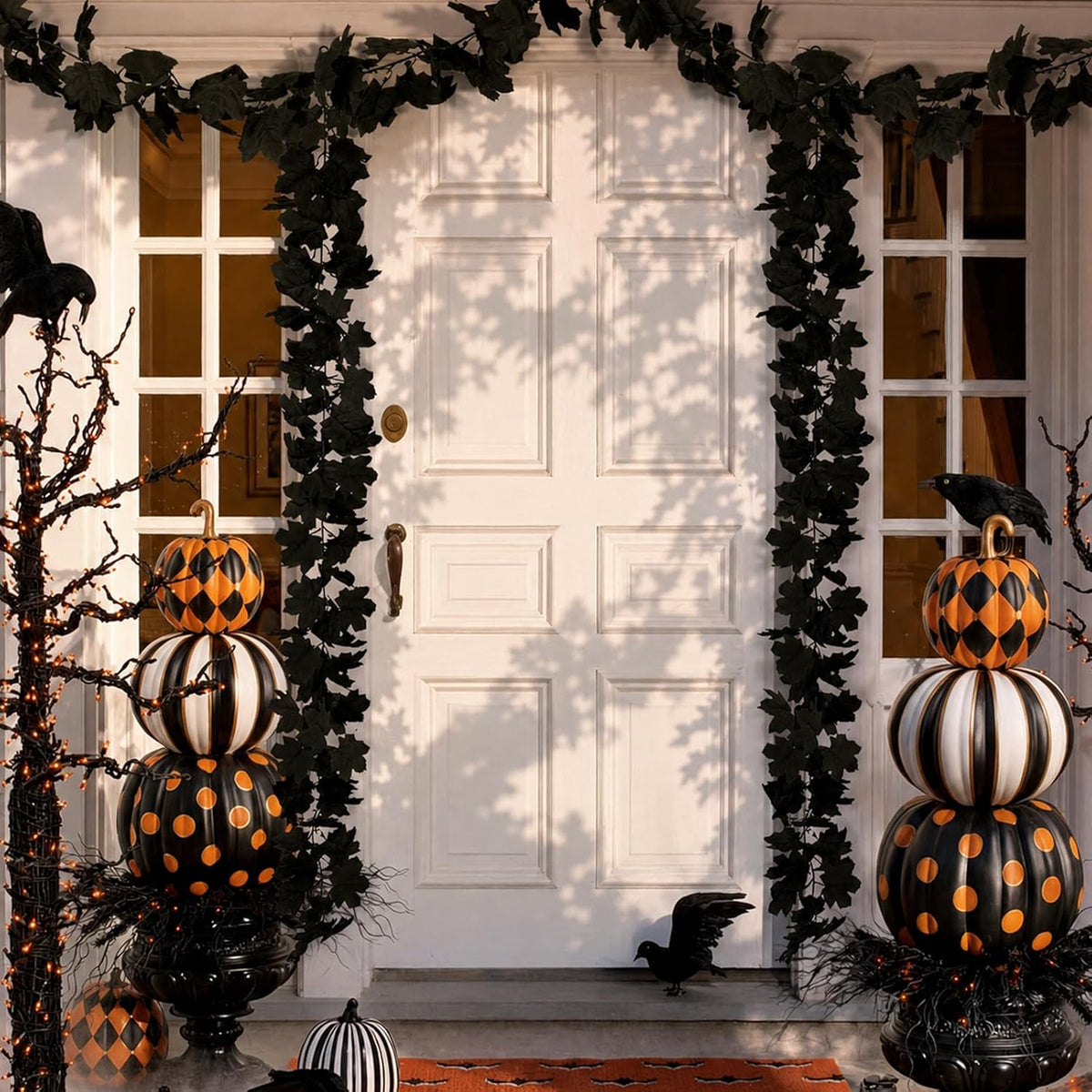 48ft black halloween garland 8pcs maple leaf, table, side view