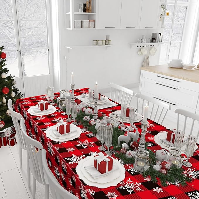8 Pieces Red and Black Buffalo Plaid Merry Christmas Party Tablecloth Decorations,Plastic White Snowflake Buffalo Plaid Sign Table Cover for Winter Christmas Holiday Party Supplies,54x108 inch