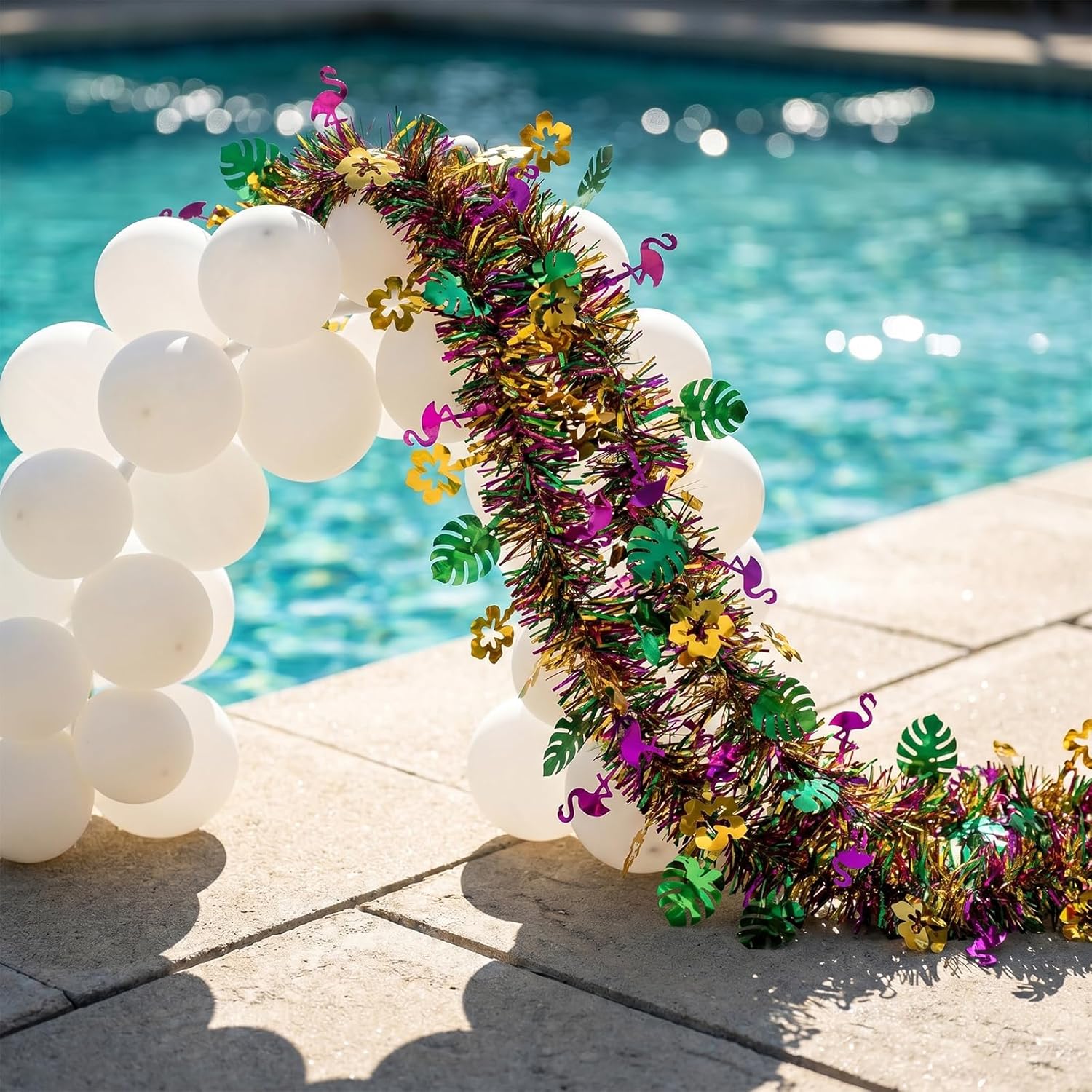 4Pcs Hawaiian Tinsel Garland Tropical Decorations for Hawaii Party Supplies | Glitter Tropical Summer Garland Decorations for Summer Garlands Hawaii Flower Banner Holiday Decor