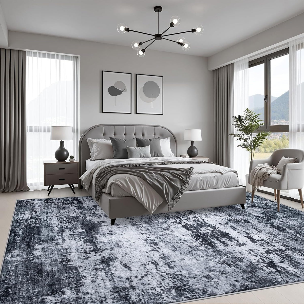 5x7 Area Rug Living Room: Modern Washable Indoor Carpet Black