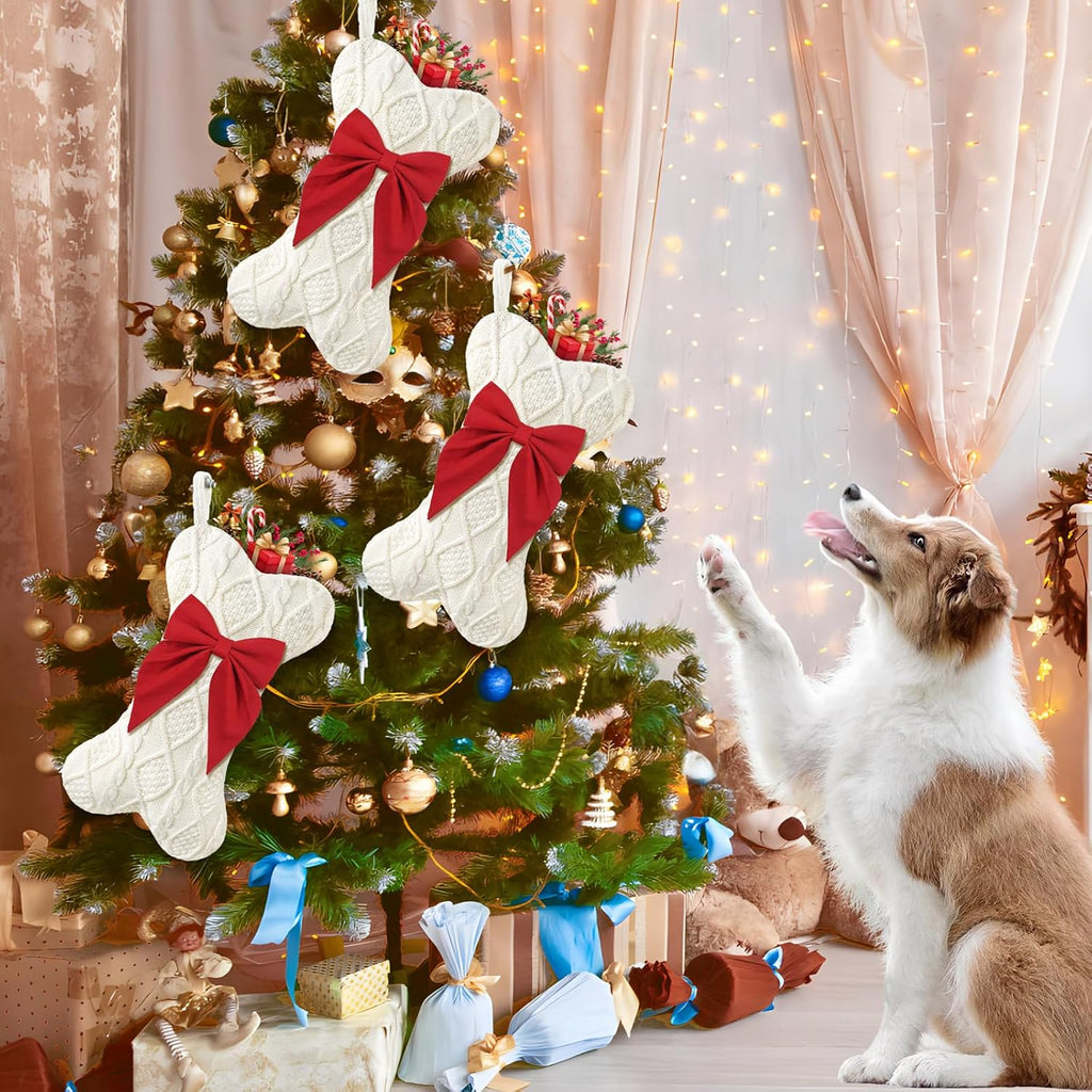 Dog Christmas Stocking,Knit Pet White Large Christmas Stocking,Dog Bone Christmas Stockings for Dogs Puppys Pets,Hanging Bone with Bow (Red)