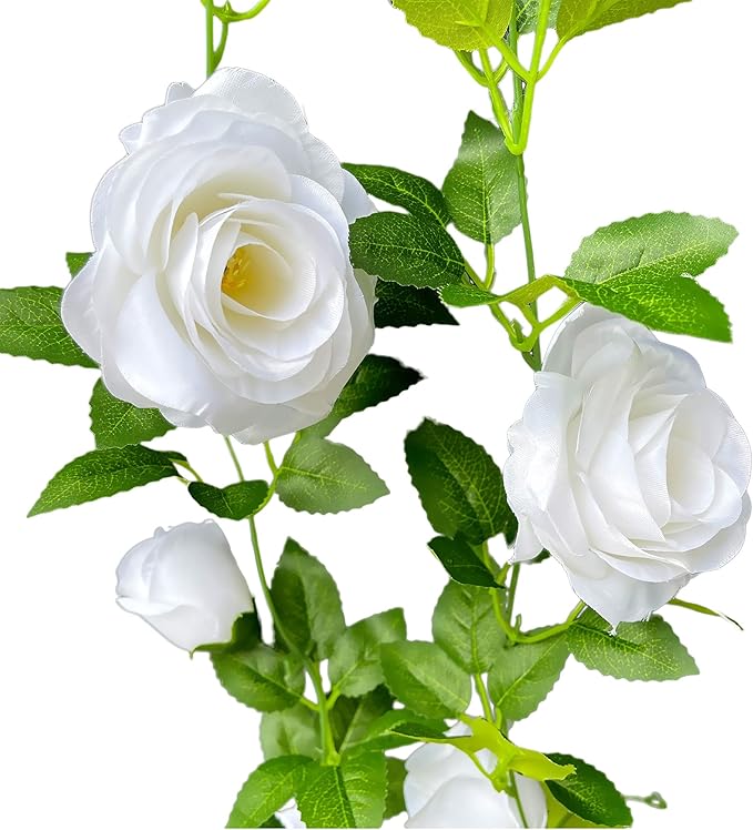 UKELER 2 Pack 14FT Artificial Rose Vines White Flower Garland Artificial Rose Flowers with Green Leaves Floral Plant for Wedding Arch Party Garden Craft Home Decor
