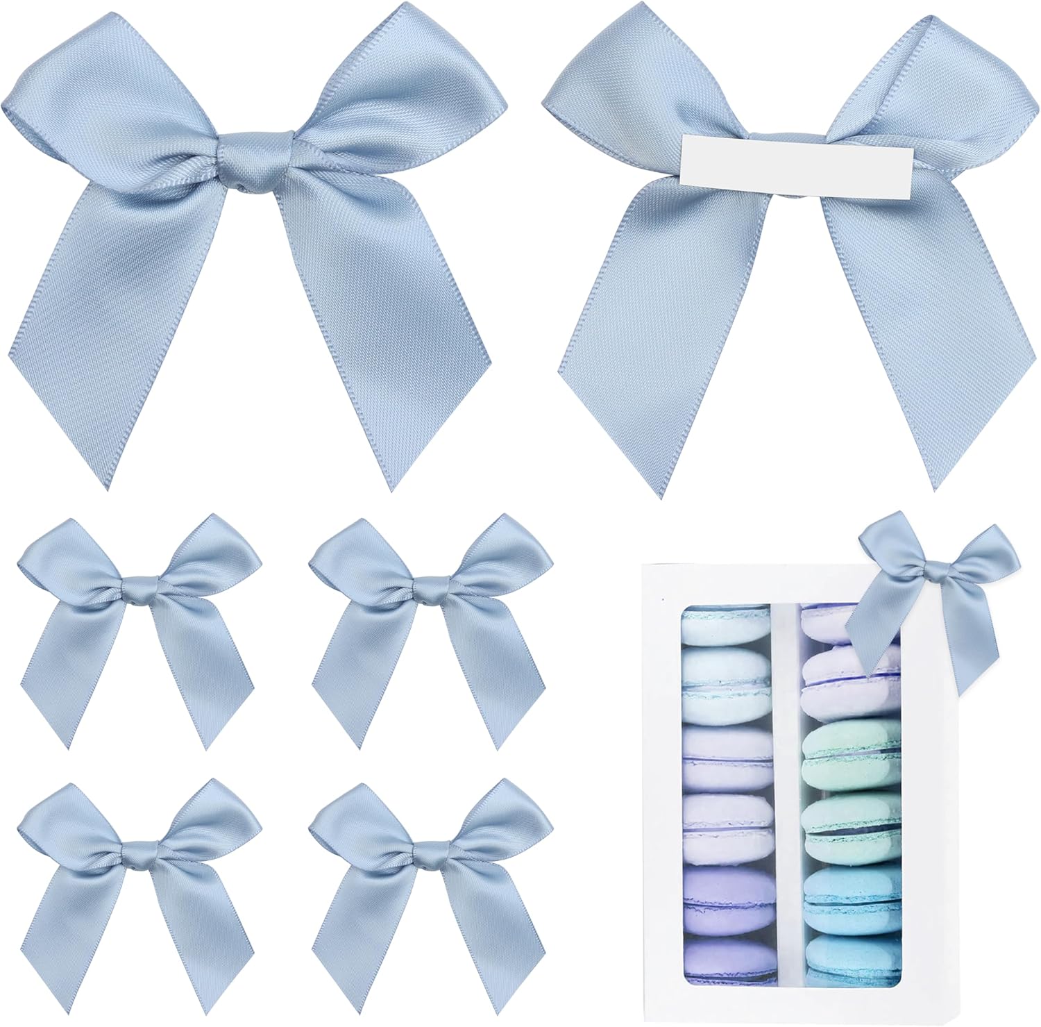 Pre-Tied Self Adhesive Dusty Blue Satin Ribbon Bows for Crafts 3" Small Blue Bow Decor for Coquette Birthday Party Decorations, Wedding, Gift Wrapping, Balloon, Baby Shower (50 Pack)