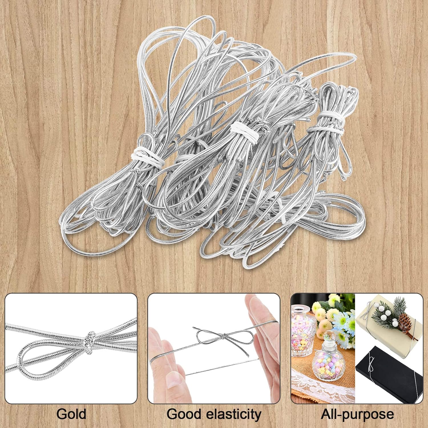 Jutom 100 Pcs Stretch Loops 16" Metallic Elastic Cord, Pre Tied Ornament Strings, Elastic Ribbon for Tags, String Bows for Christmas Decoration Gifts Wrapping Boxes (Silver)