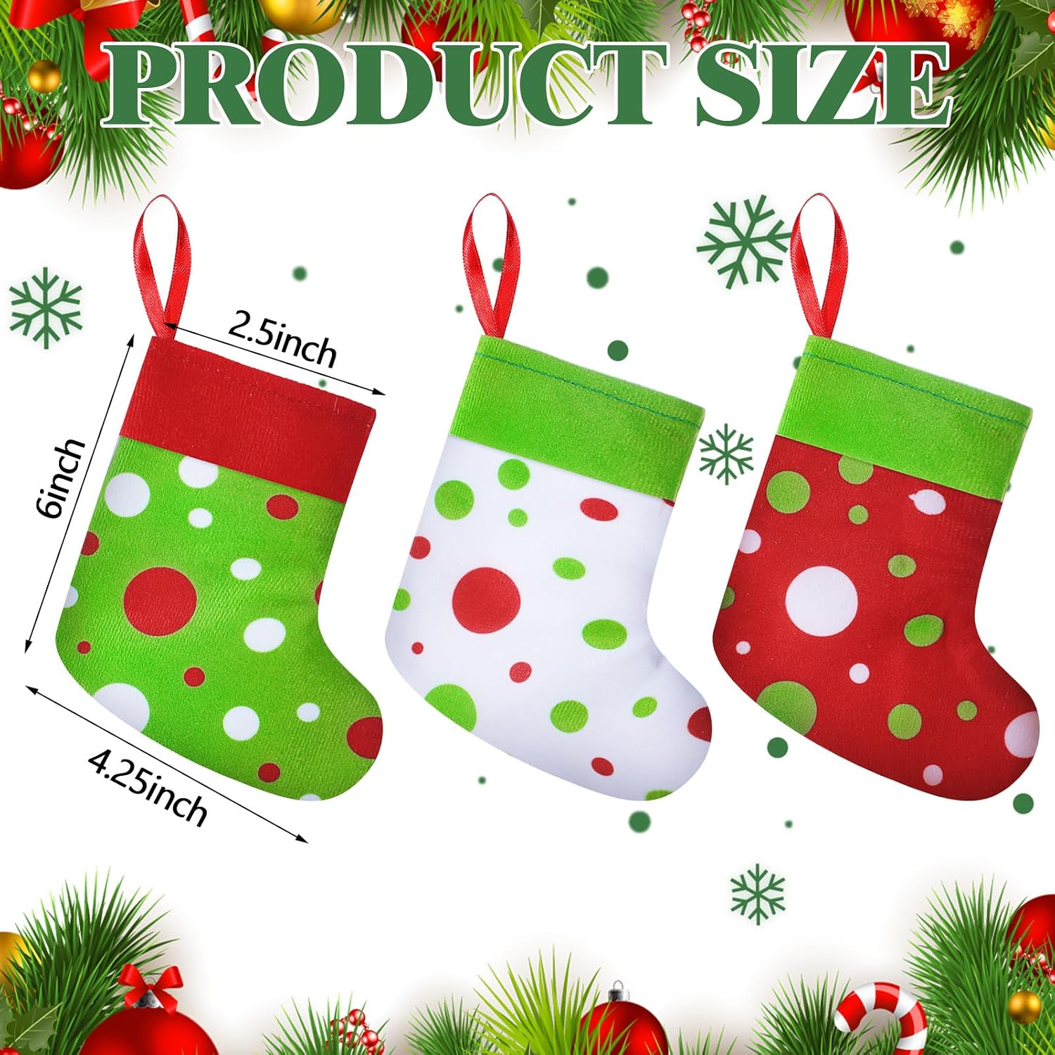 Realspring 24 Pcs Mini Christmas Stockings 6 Inches Red and Lime Green Small Stockings Christmas Dot Fireplace Hanging Decorations for Xmas Tree Fireplace Gift Present Filled