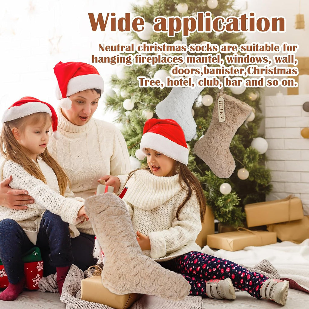 4 Pcs 21 Inch Neutral Personalized Christmas Stockings Bulk with Name Tags, Large Plush Rustic Farmhouse Xmas Stocking Modern Brown Decor for Fireplace Holiday Family(White Beige Camel Light Brown)