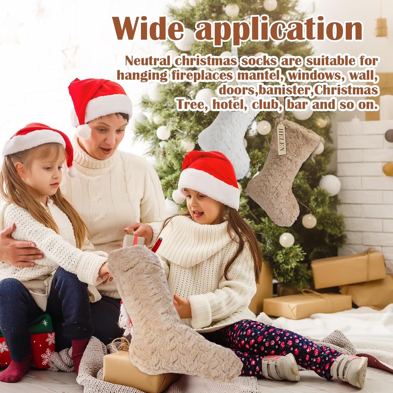 4 Pcs 21 Inch Neutral Personalized Christmas Stockings Bulk with Name Tags, Large Plush Rustic Farmhouse Xmas Stocking Modern Brown Decor for Fireplace Holiday Family(White Beige Camel Light Brown)
