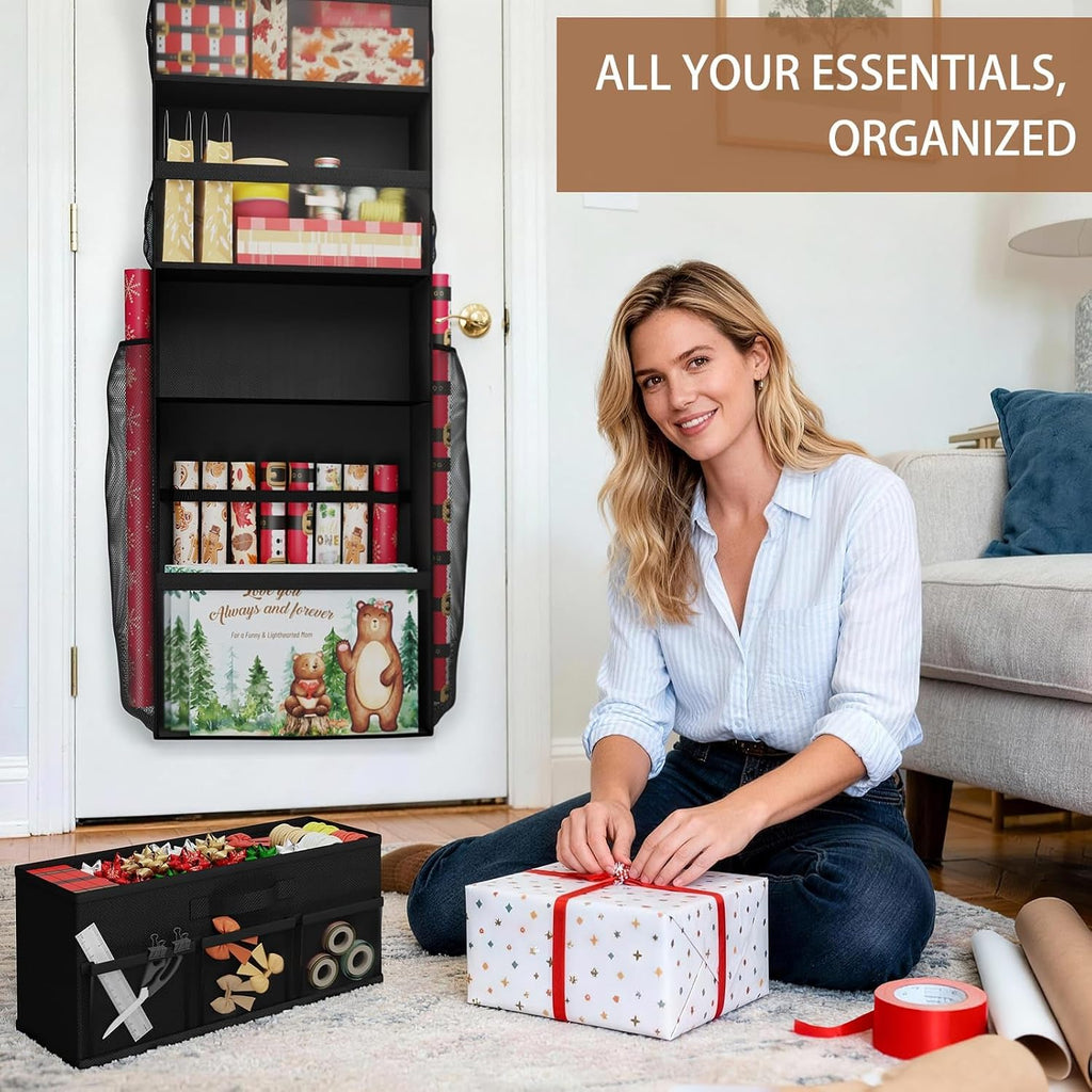 Over Door Wrapping Paper Organizer Storage with Removable Drawer & Side Pockets, Multi-Purpose Over the Door Gift Wrapping Organizer for Gift Bags, Paper, Ribbons, Bows, Ornament and Other Tools