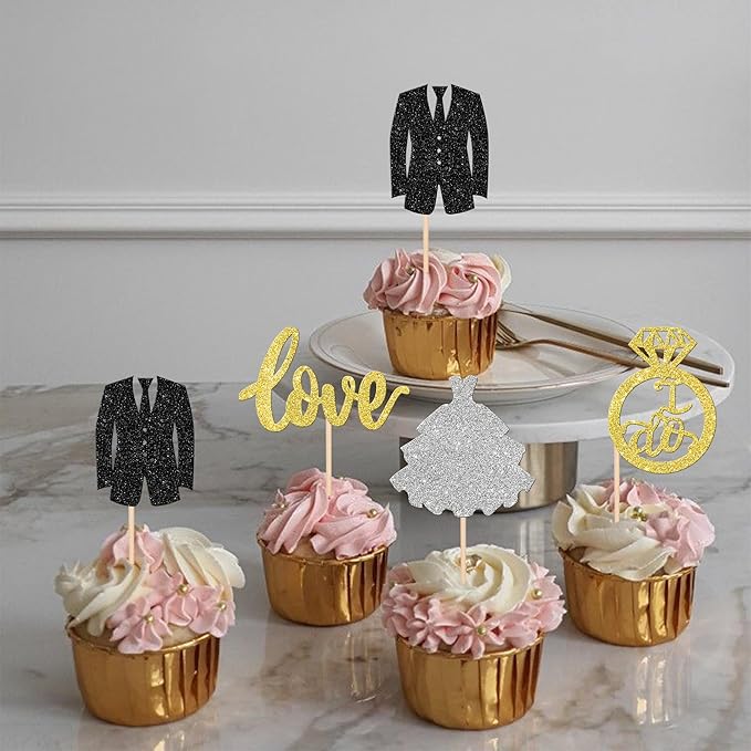 24 PCS Wedding Cupcake Toppers Glitter Bride and Groom Cupcake Picks Love I Do Ring Cupcake Decorations for Wedding Engagement Bridal Shower Theme Party Cake Decorations Supplies Gold