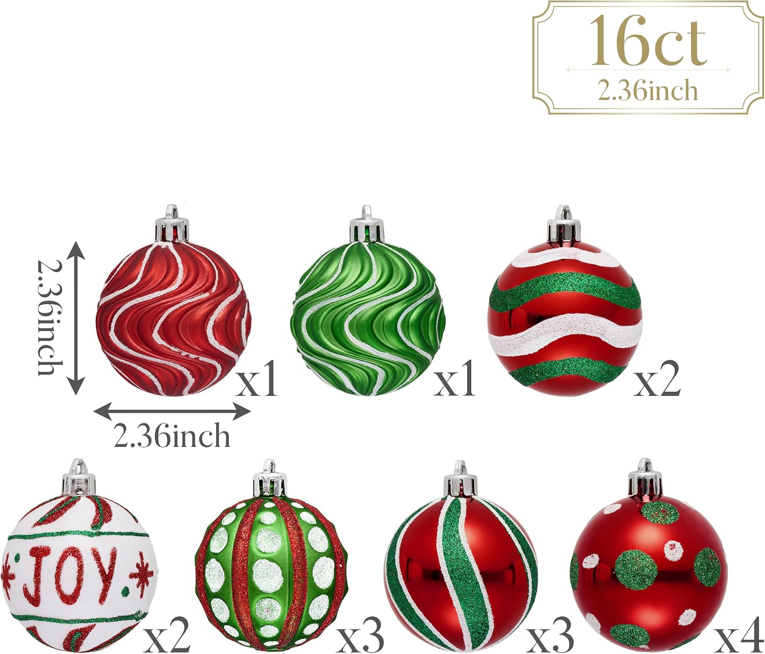 Valery Madelyn Christmas Ornaments Set, 16ct Red Green White Shatterproof Christmas Tree Decorations Ball Ornaments Bulk, 2.36 Inch Hanging Ornaments for Xmas Trees Holiday Party Decor