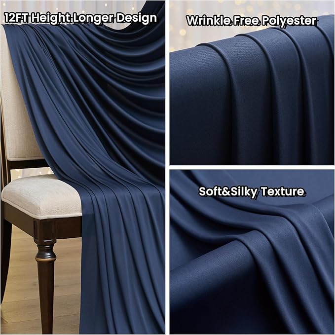 50ftx12ft Wrinkle Free Navy Blue Backdrop Curtain, 10 Panels 12FT Height Navy Blue Wedding Backdrop Drapes, Silky Polyester Back Drop Cloth for Birthday Photography Background Party Backdrop Draping