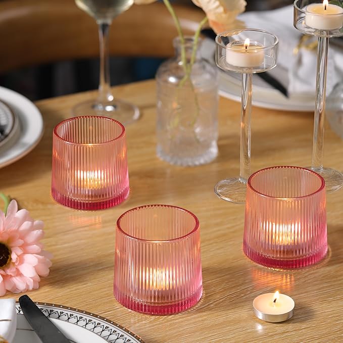 Pink Ribbed Tealight Votive Candle Holders- 6Pack Glass Candle Holders for Table Centerpiece, Home Decor, Wedding Decor, Party Dinner