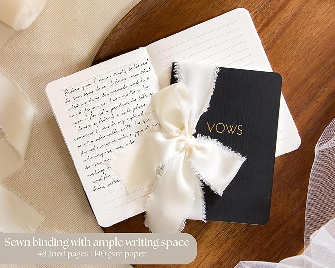 Black White Embossed Slim Vow Books w/Ribbon (Set of 2) - 5.625 x 4 Minimalist Pocket Sized Embossed Wedding Ceremony Vow Renewal Speech Notebook Journal