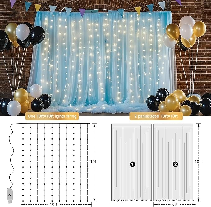 10×8ft Tulle Backdrop Curtains with Lights String - 300LED Fairy Lights Sheer Curtain Backdrop for Weddings Baby Shower and Birthday Party Decorations(6 Panels 5×8ft)