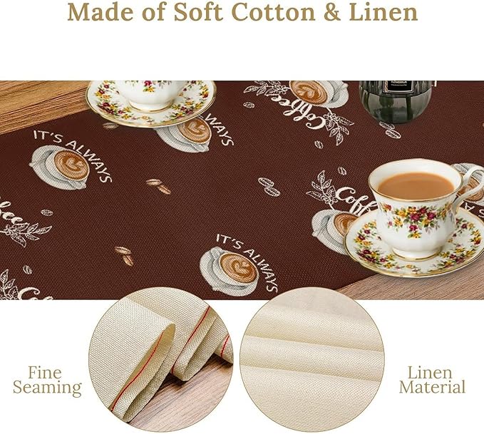 Coffee Time Table Runner, Farmhouse Retro Gnome Coffee Cup Tea Party Cafe Brwon Table Center Decor for Home Kitchen Dining Patio Holiday Party Indoor Outdoor Table Decorations,13"x90" Inch