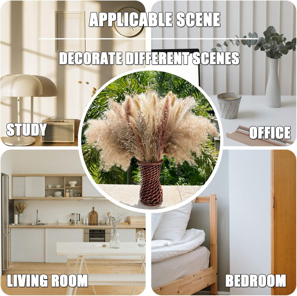 100Pcs Pampas Grass Boho Home Decor 17 inch Natural Dried Flowers-Pampas Grass Contains Bunny Tails White Pampas Brown Pampas.Boho Decor for Farmhouse Wedding Boho Wall Bathroom Office Kitchen…