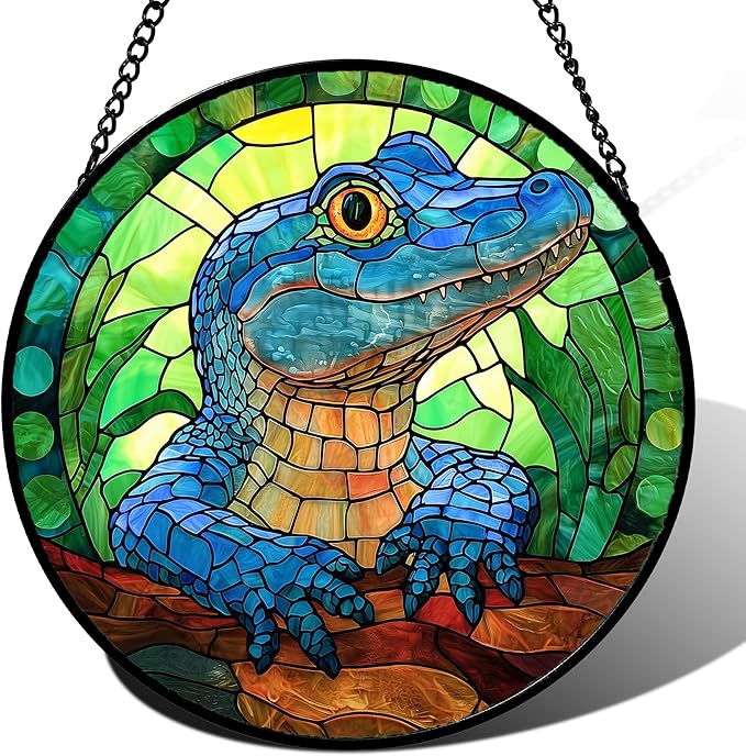 Stained Glass Window Hanging, Blue Alligator Sun Catcher for Window Door Home Decor Green Brown Suncatcher Christmas Mother's Day Birthday Gifts for Women Men Mom and Nana 9.8 in