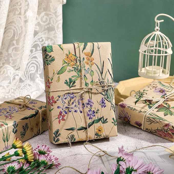 RUSPEPA 30" X 100' Wildflower Floral Wrapping Paper Large Kraft Paper Roll for Women, Jumbo Roll, Herbal Kraft Wrapping Paper for Christian Gifts, Birthdays, Weddings, Bridal Shower and Engagement