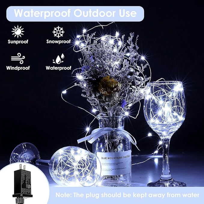 66Ft 200LED Fairy Lights Plug in, Waterproof String Lights Outdoor & Indoor 8 Modes with Timer, Christmas Light Bedroom Decor, Twinkle Light for Girl's Room Garden Christmas Decorations (Cool White)