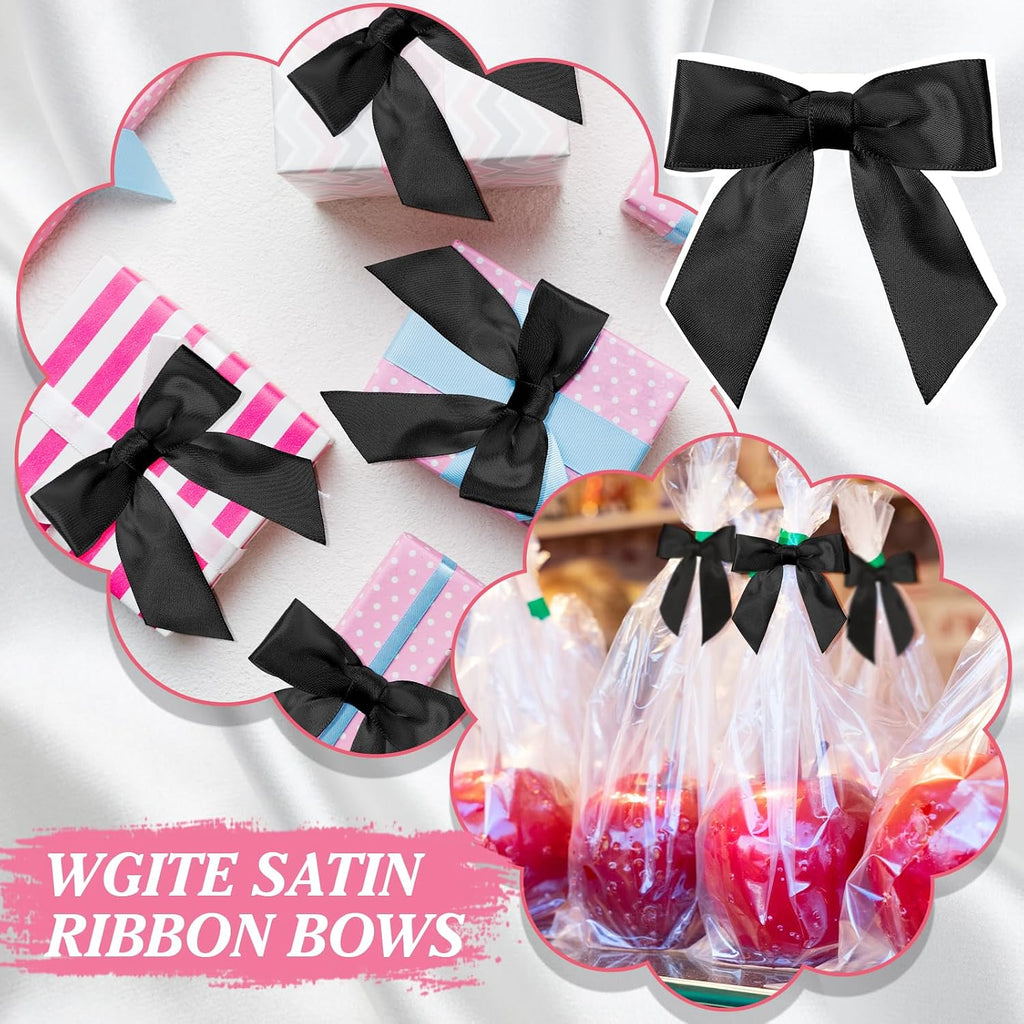 Daifunli 60 Pcs Satin Ribbon Black Bows 3 x 3 Inches Self Adhesive Satin Bows for Gift Wrapping Treat Bags Baby Shower Birthday Party Premade Ribbon Bow with Double Sided Tape for Crafts Gift Wrap