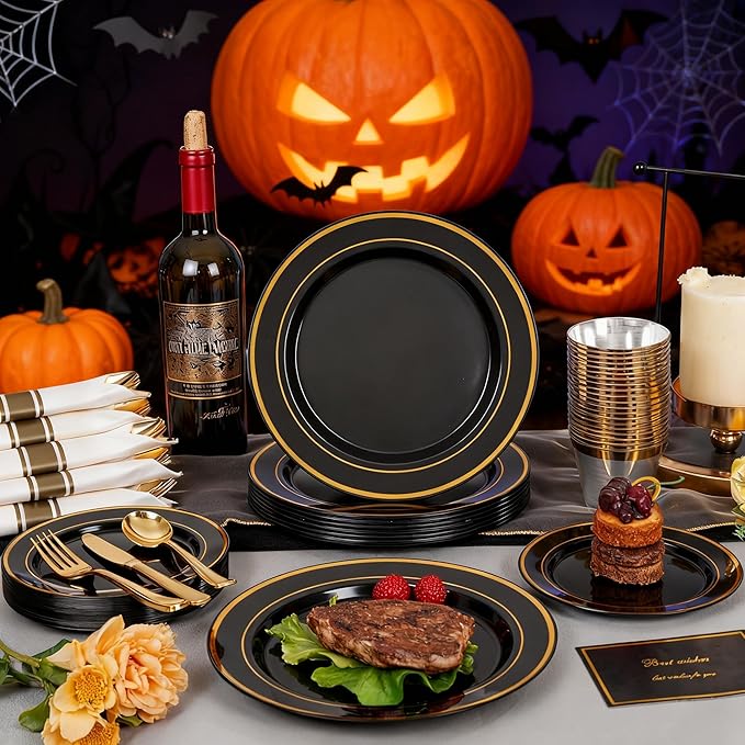 175PCS Black and Gold Plates - Black Disposable Plates for Party - 25Guests Disposable Dinnerware Set for Halloween/New Year/Wedding