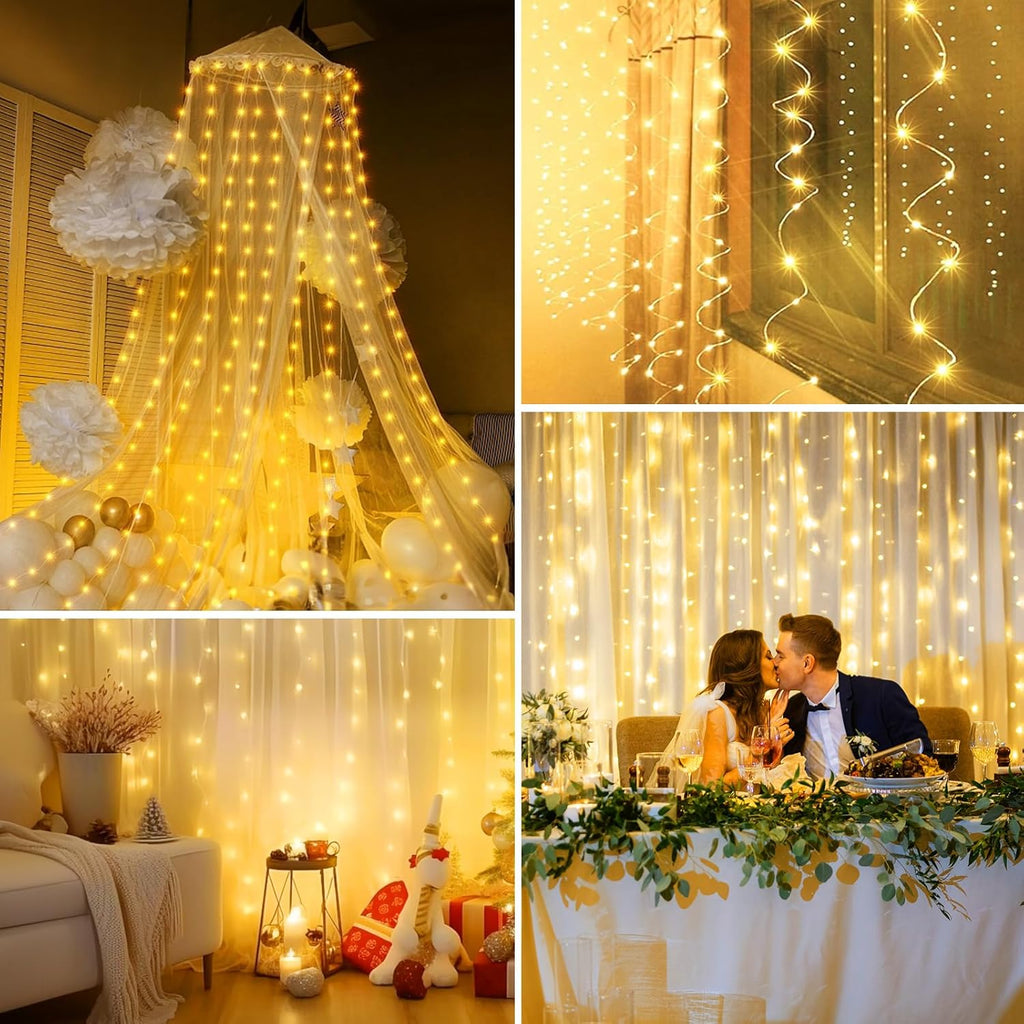 Minetom Curtain Lights, 300 LED Dimmable Fairy Lights Twinkle Lights with Remote and Timer, 8 Modes, USB Powered String Lights for Room Wall Party Christmas Indoor Decor, Warm White
