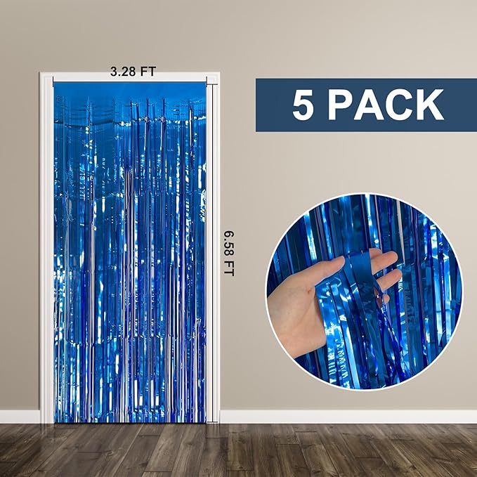 5 Pack Foil Curtain Backdrop Blue Metallic Tinsel Foil Fringe Curtains Photo Booth Props for Birthday Wedding Engagement Baby Shower Bachelorette Christmas Holiday Celebration Party Decorations