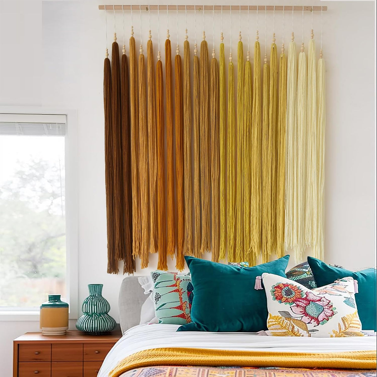 iower macrame wall hanging beaded tassel yarn art, main product view
