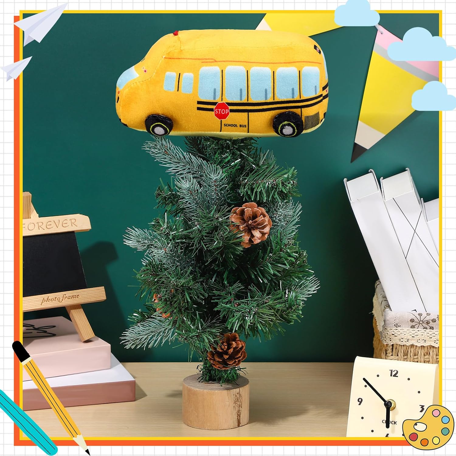 Shappy Back to School Tree Topper Decoration 10'' Yellow Plush Bus Decoration Teacher Appreciation Ornaments for First Day of School Party Supplies Driver Gift