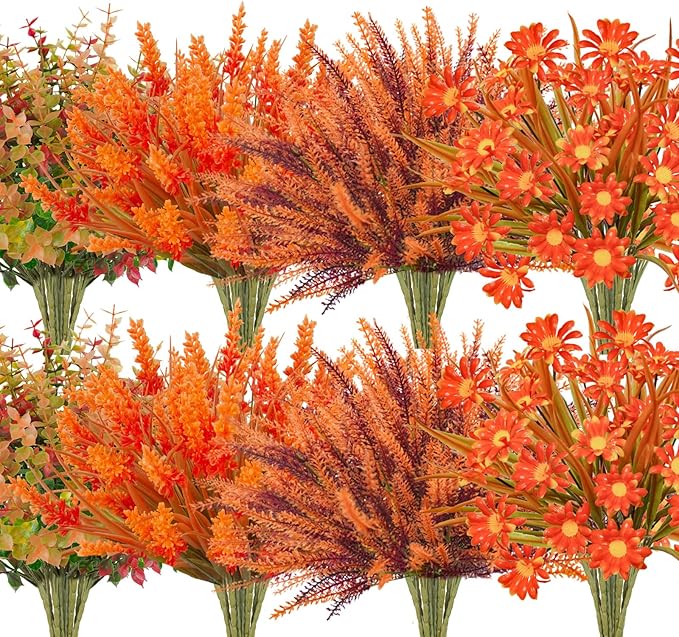 64 Pcs Outdoor Fall Flowers UV Resistant Faux Fall Plants with Fall Daisy Eucalyptus Lavender Artificial Autumn Flowers Greenery for Outside Home Porch Patio Thanksgiving Decoration