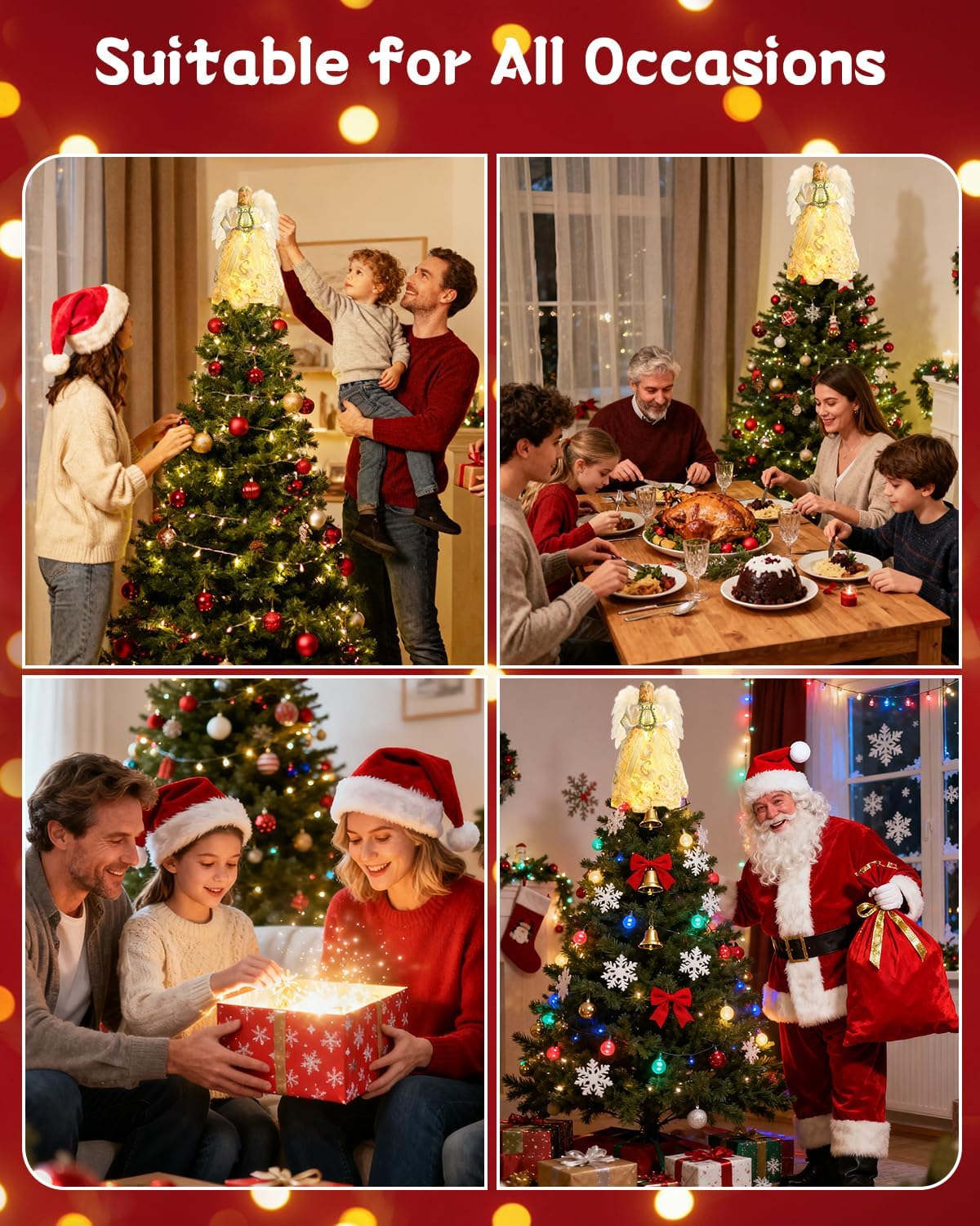 Angel Tree Topper with Lights, 12'' Christmas Tree Topper Angel, Battery Operated Lighted Treetop Ornaments, Elegant Christmas Tree Decorations for Indoor Office Holiday