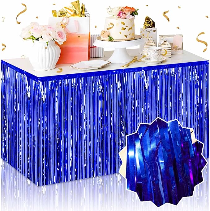 3 Pack 29 x108 Inch Blue Foil Fringe Table Skirts Metallic Banner for Tinsel Streamer Garland Backdrop for Parade Floats Mother's Day, Graduate, Birthday, Wedding Party Decoration