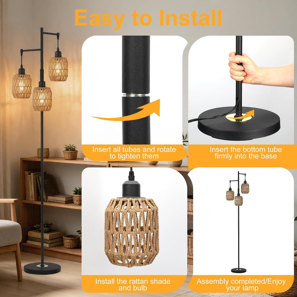 boho rattan tree floor lamp, black dimmable standing, package contents