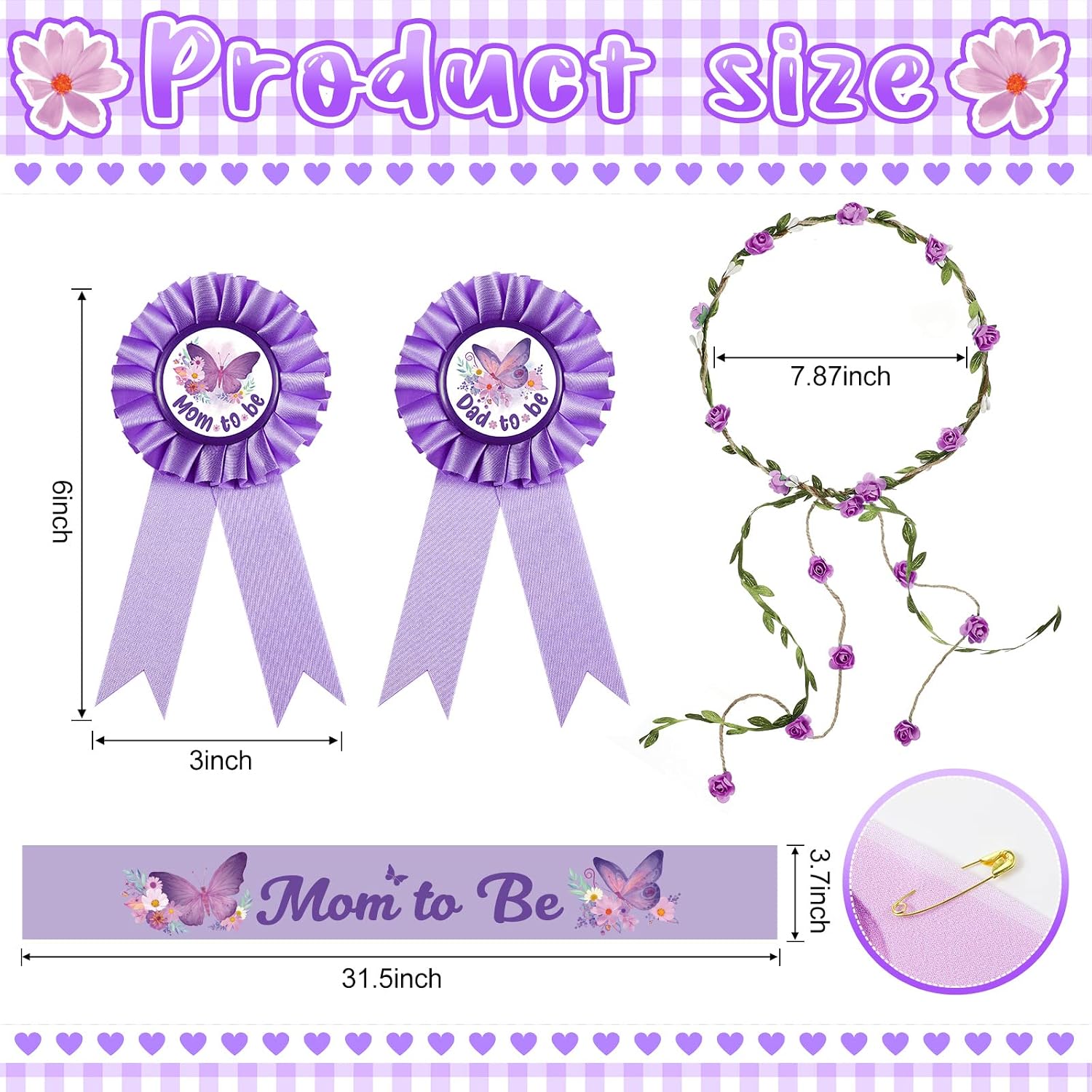 Chunful Butterfly Theme Mom to Be Sash Baby Shower Dad to Be Pin and Flower Crown Headband for Gender Reveals Party Baby Shower Party Favors Decorations for Girls Pregnancy Photo Props Gifts（Purple）
